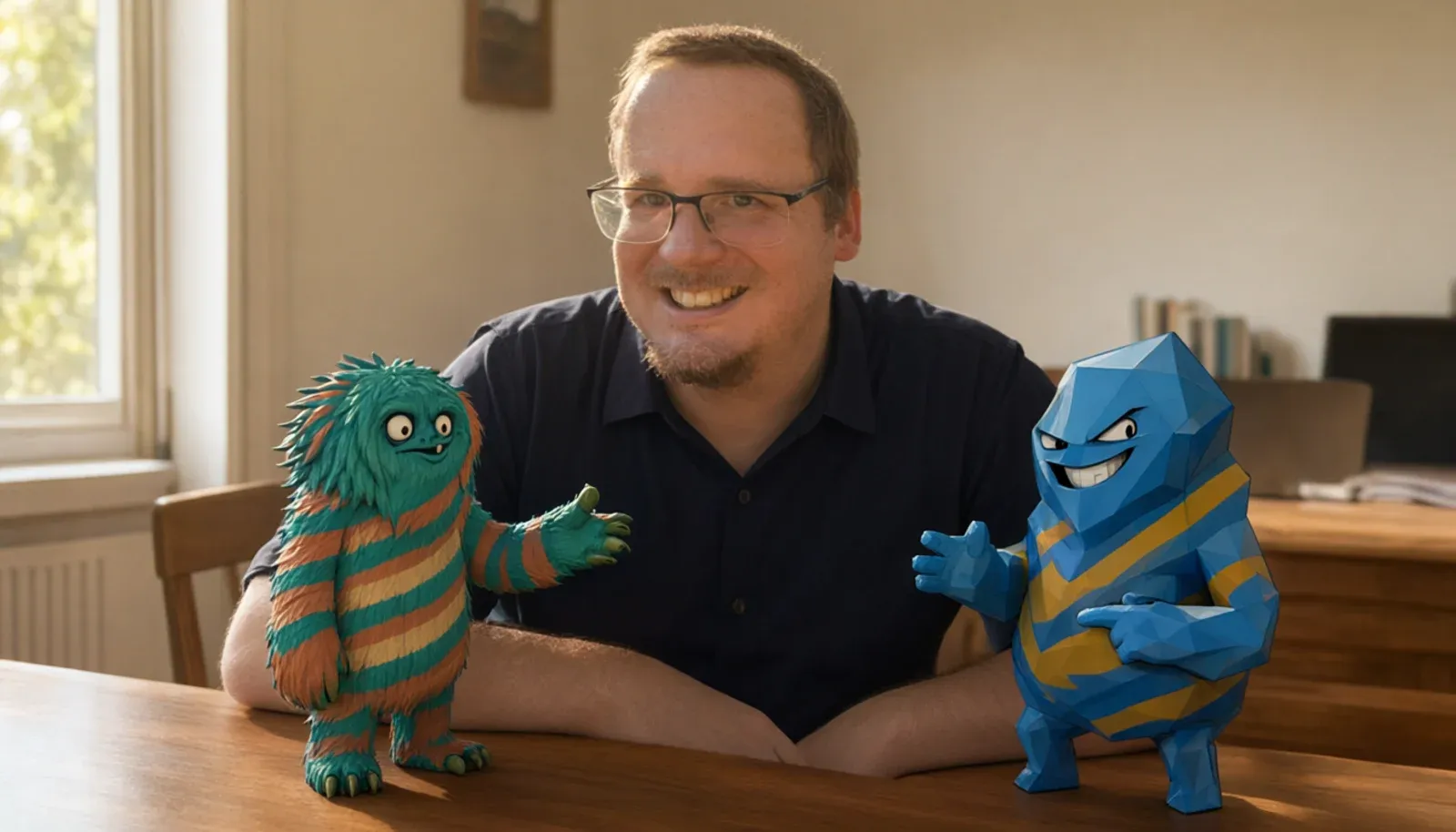 Daniel Woste at his desk, next to figurines of the danwos monster and deciwa
