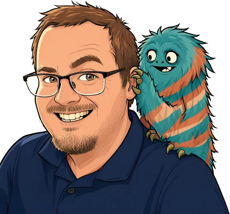 Illustrated portrait of Daniel Woste with the danwos monster on his shoulder