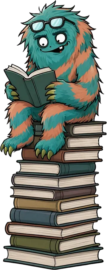The danwos monster reading on a stack of books