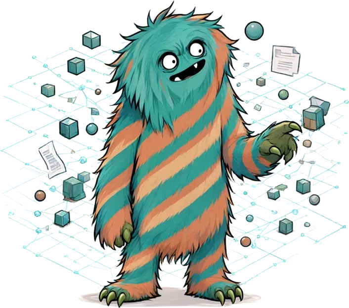 Das danwos-Monster steht staunend in einem 3D-Gitter, um es herum schweben vernetzte Objekte