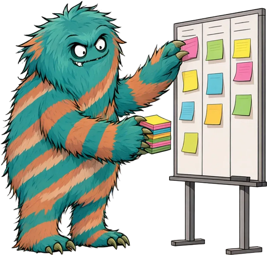The danwos monster sorting cards on a kanban board