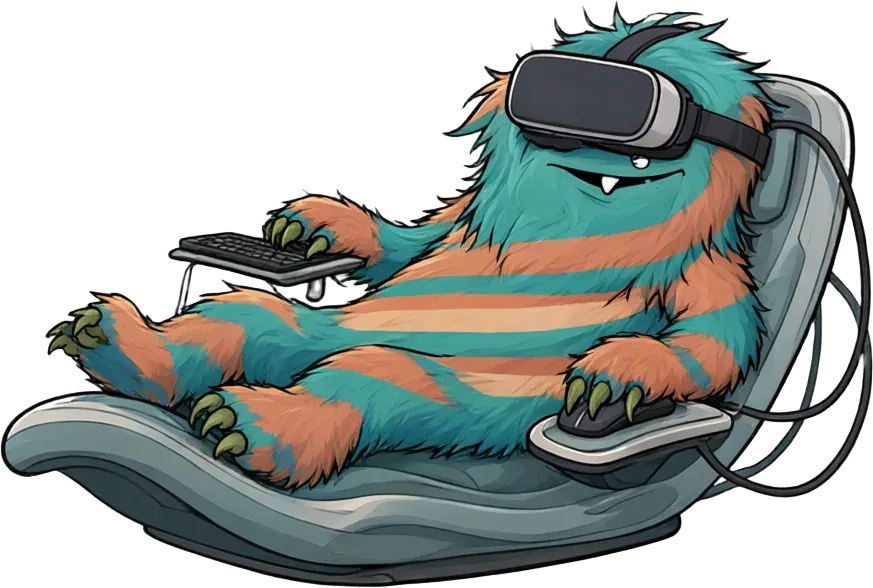 Das danwos-Monster liegt mit VR-Brille auf einer geschwungenen Liege, links die Tastatur, rechts die Maus, und arbeitet